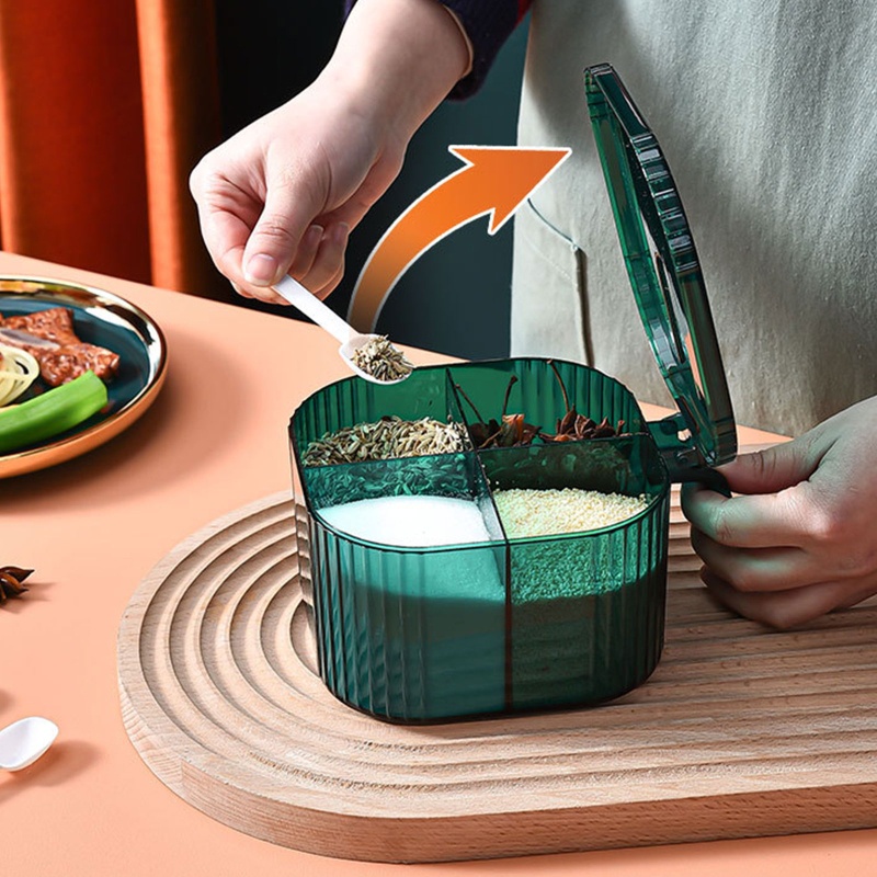 Hộp Đựng Gia Vị 4 Ngăn Bằng Nhựa Trong Suốt Có Nắp Và Muỗng Cho Nhà Bếp