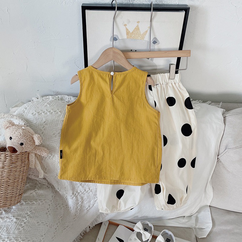 Se7en Bộ Quần Áo Mùa Hè Không Tay Giản Dị Hàn Quốc + Quần Chấm Bi Cho Bé Gái