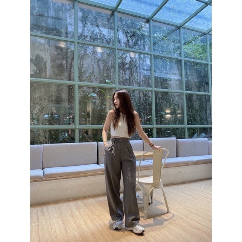 Quần Culottes ống rộng suông dài, có dây thắt eo