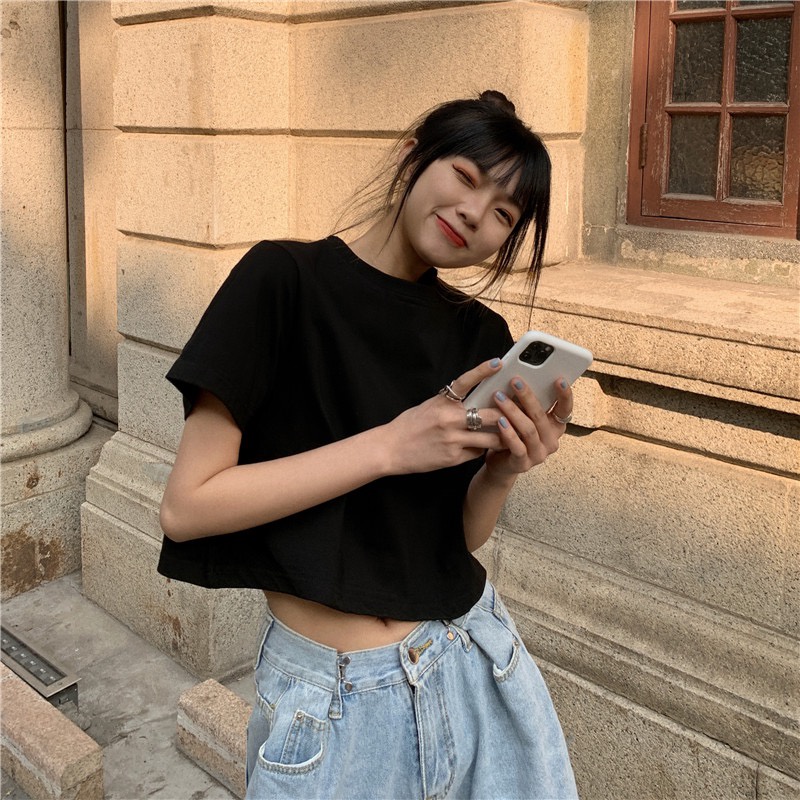 Áo croptop nữ trơn tay ngắn cổ tròn vải thun cotton kiểu hàn quốc CRT01 Miucho in hoạ tiết | BigBuy360 - bigbuy360.vn