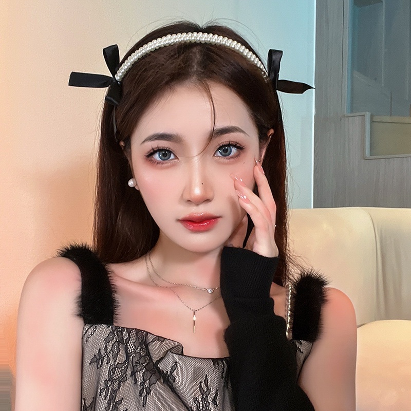 Băng Đô Cài Tóc Đính Ngọc Trai Nhân Tạo Màu Đen Phong Cách Pháp Thanh Lịch Cho Nữ