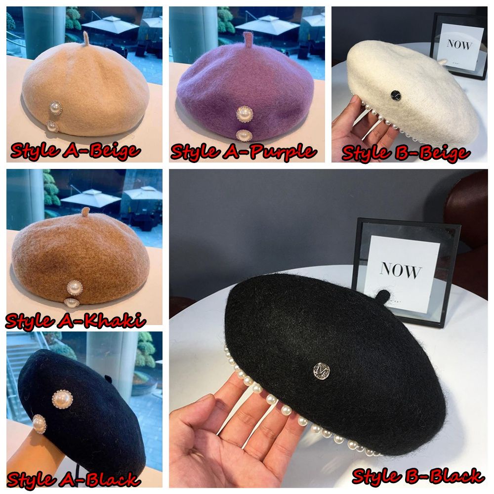 Mũ Nồi Vải Len Màu Trơn Đính Ngọc Trai Thời Trang Thu Đông Cho Nữ