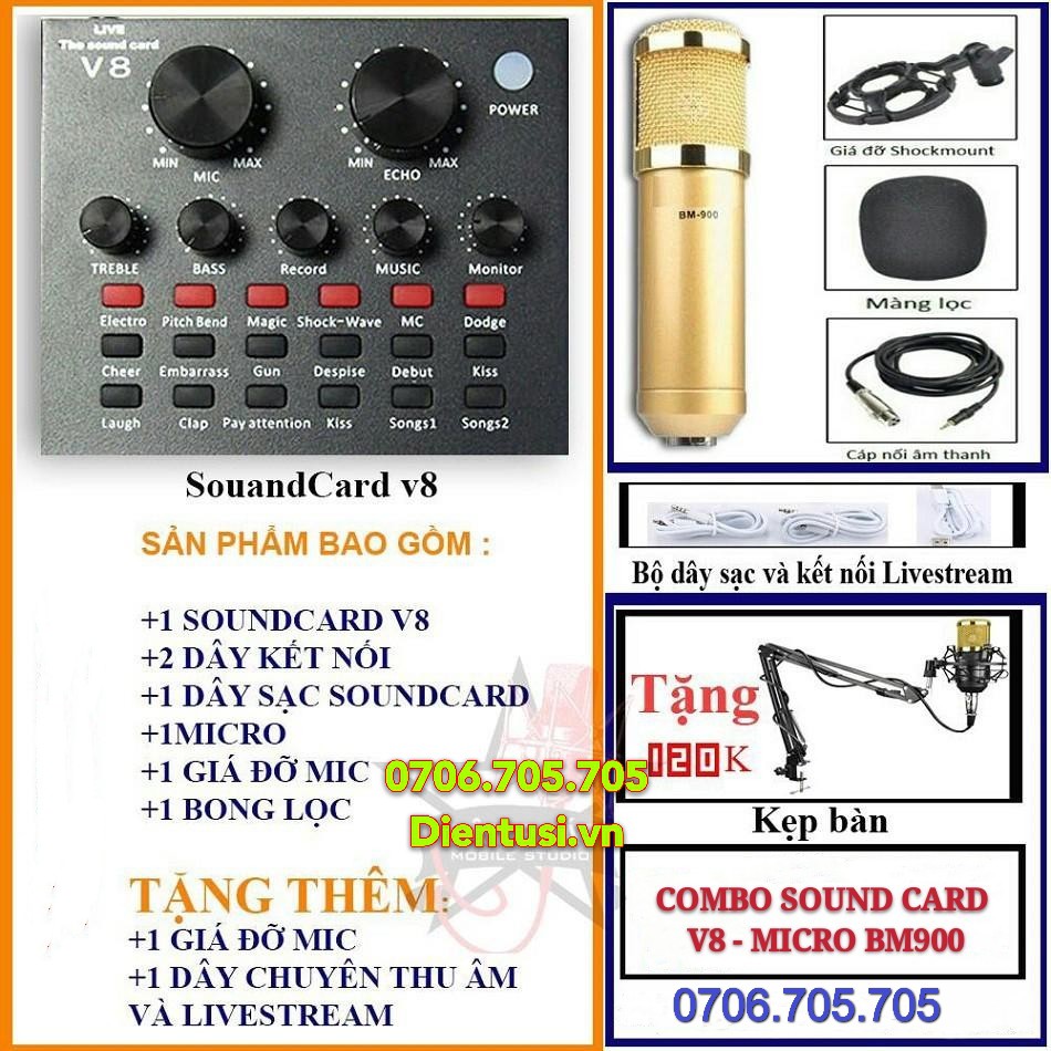 Combo Soundcard V8 Chính Hãng Bluetooth + Mic Thu Âm Livetream BM900 Cực Nhạy, Có AutoTune Chuẩn Phòng Thu