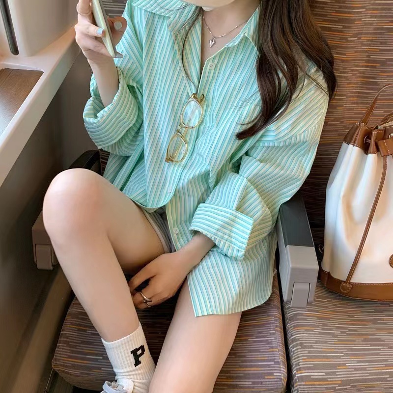 Áo sơ mi SUXI tay dài kẻ sọc dáng rộng thời trang Hàn Quốc cho nữ