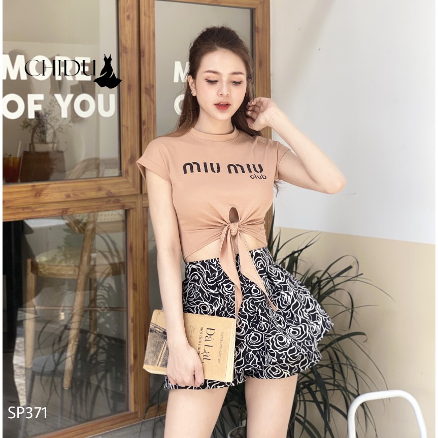 CHIDU Áo miu miu dây eo, áo thun croptop cách điệu SP371