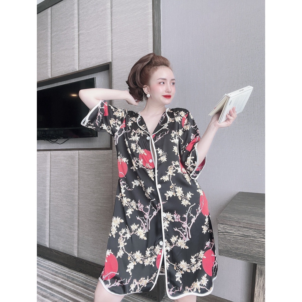 Đầm ngủ sơ mi bigsize váy ngủ lụa mango cao cấp (tặng quần ngủ cùng màu)