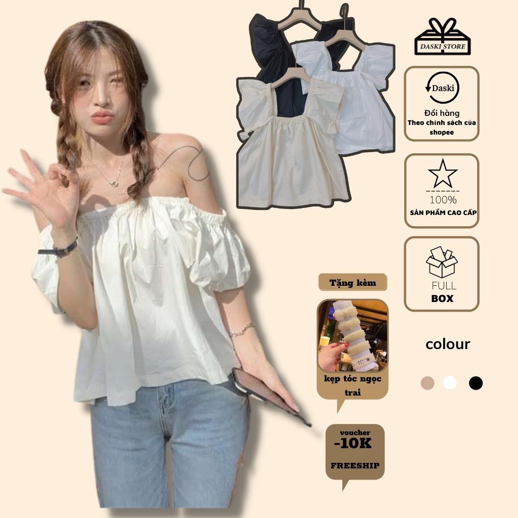 Áo trễ vai tay bồng, áo nữ trơn ngắn tay vải thô 3 màu phối chun basic DASKI
