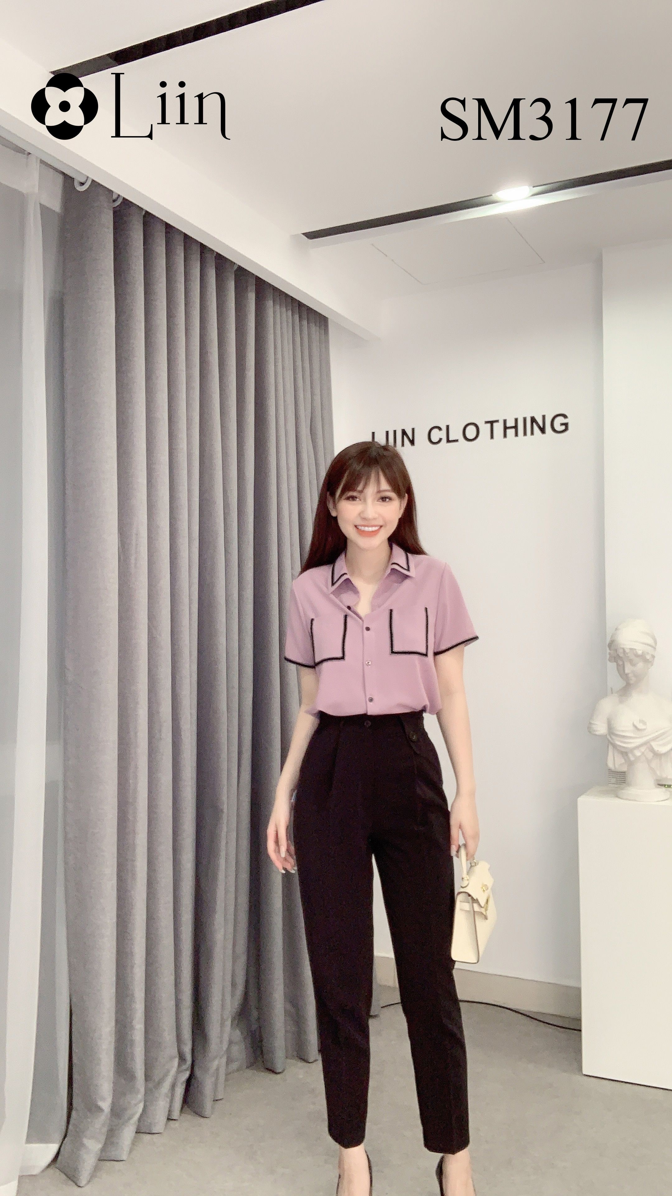 Áo sơ mi Cộc Tay tím Khoai Môn phối túi chất mát mix viền đen xinh xắn Liin Clothing SM3117