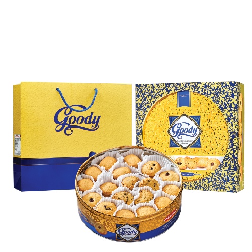 Bánh Hỗn Hợp Goody Bibica sở hữu thiết kế hộp thiếc được dập nổi hoa văn sang trọng
