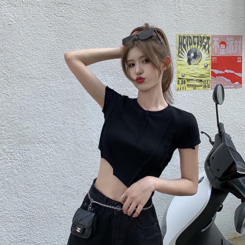 Áo Croptop Body Thun Gân Ngắn Tay Lệch Tà Viền Chỉ Nổi Cá Tính Năng Động Nổi Bật
