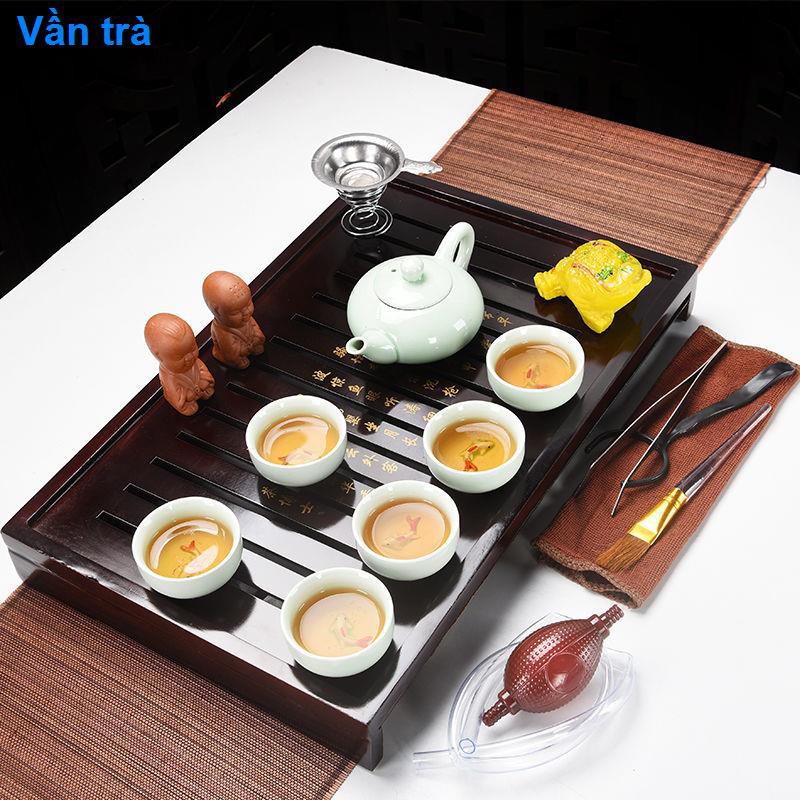 Bộ ấm trà dùng trong gia đình, chén nhỏ màu tím cát tường, chén, khay bằng gỗ nguyên khối, gốm sứ Kung Fu, ph