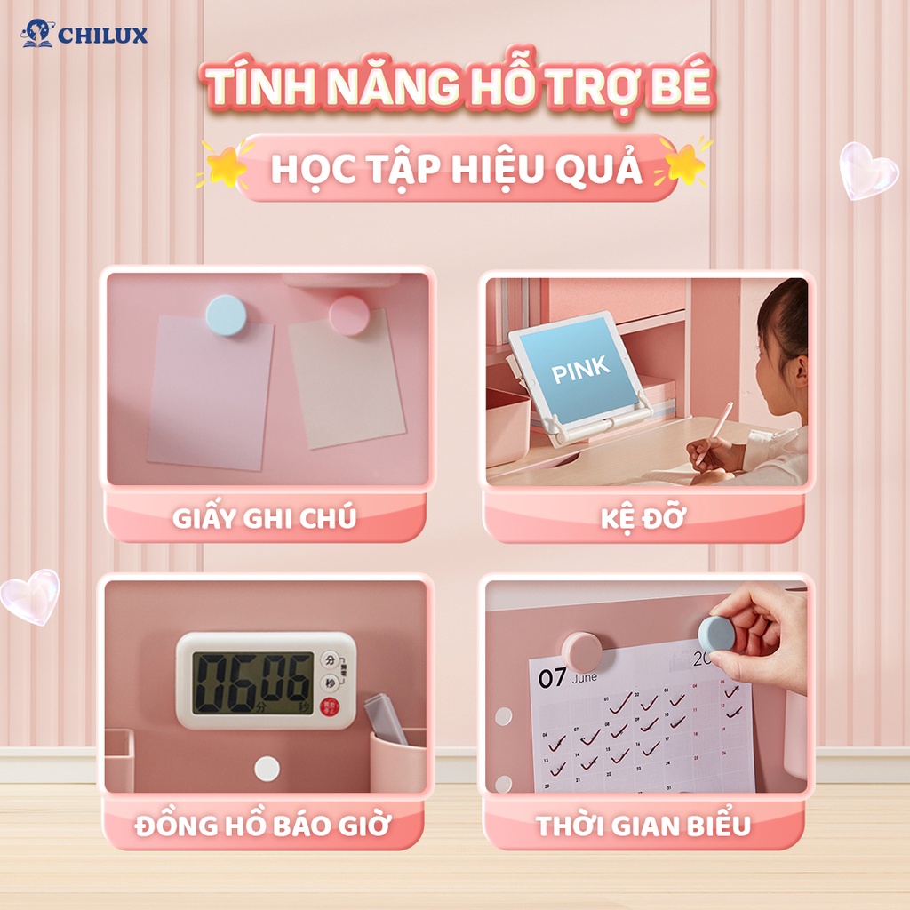 Bàn học cho bé thông minh Chilux Smart V cao cấp, chống gù, chống cận, tích hợp đèn chiếu sáng, đồng hồ báo giờ.