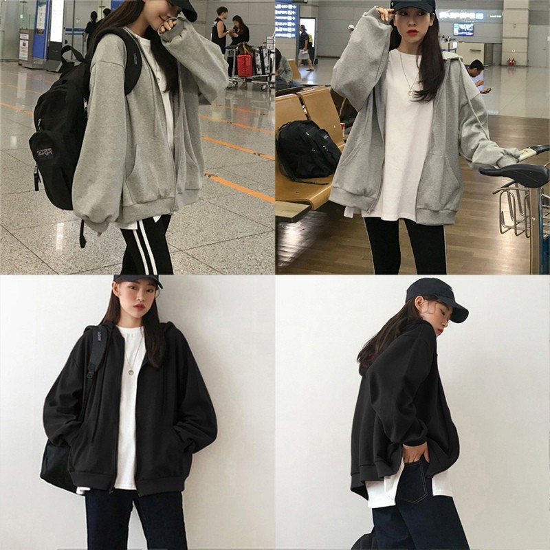 Women Loose Hooded Drawstring Solid Color Long-sleeved Coat