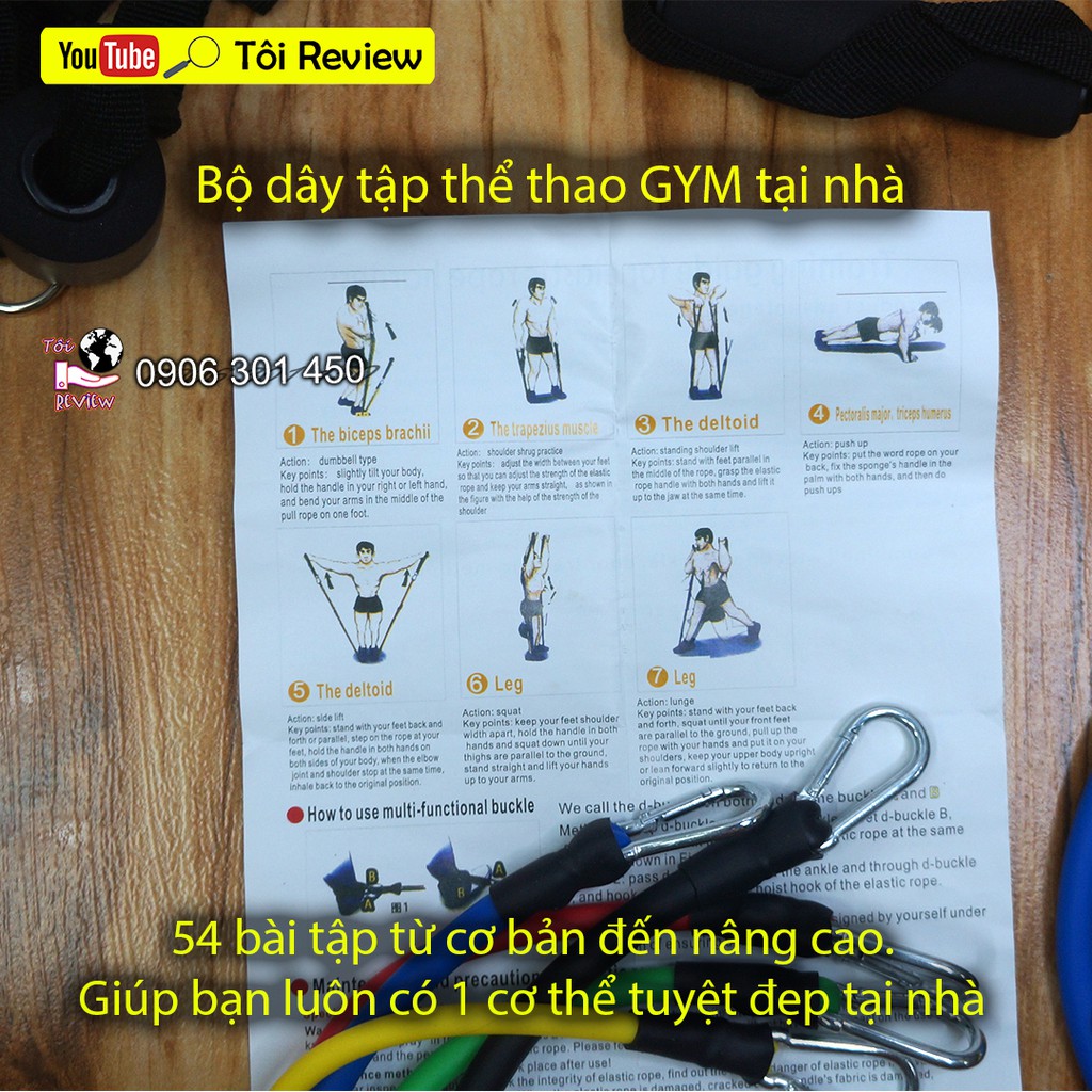 Đánh giá bộ dây tập GYM thể thao tại nhà. Dây ngũ sắc 5 màu 54 Bài tập: Ngực, Vai, Lưng, Xô, Mông, Eo, Chân, Đùi