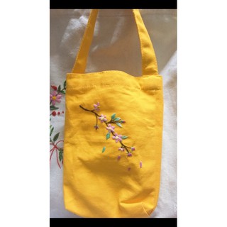 Túi đựng bình nước vải canvas thêu hoa đào