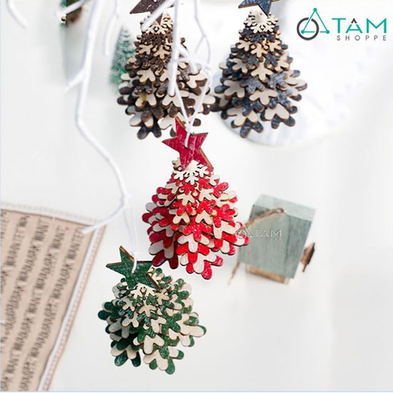 Phụ kiện treo trang trí Noel cây thông xoay bông tuyết gỗ