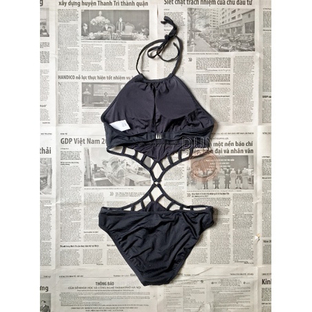 Bikini nữ đồ bơi đi biển liền thân 1 mảnh đen cổ yếm buộc dây có mút cut-out phía trước hở lưng cài khóa có size