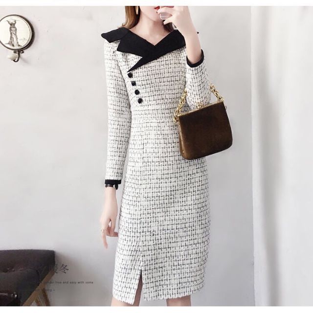ĐẦM BODY CỔ VEST PHỐI NUT SANG CHẢNH