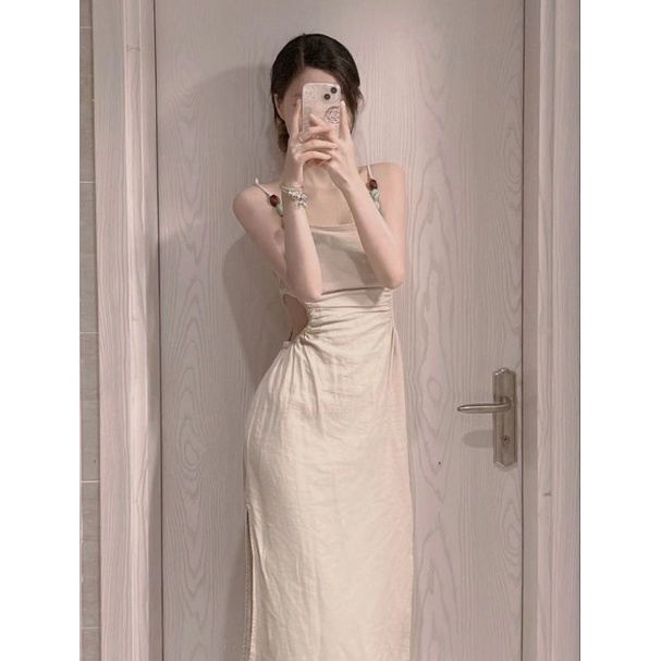 Đầm midi ZR hai dây vải lanh