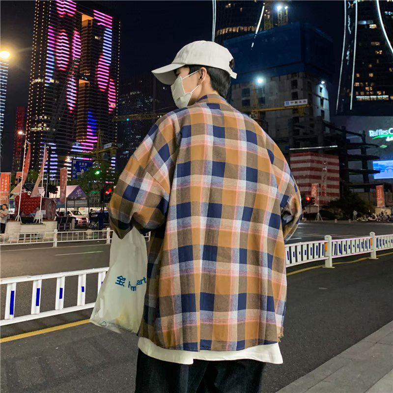 Men Long Sleeve Shirts Turn-down Collar Unisex Large Size Plaid Tops Korean Style Vintage Loose Shirt Students All-match Chic New Cotton Clothes Men's Fashion Jacket