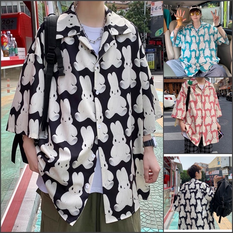 Áo sơ mi hình thỏ trắng tay lỡ form áo unisex cho cả nam nữ chất lụa mềm mịn