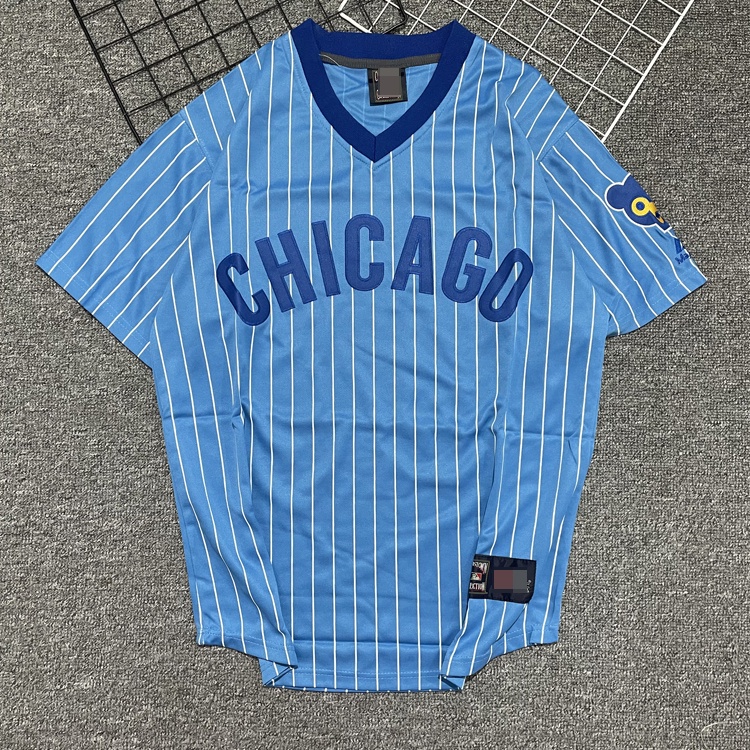 Áo thun bóng chày tay ngắn phối màu xanh lam có thêu chữ Mlb thời trang năng động