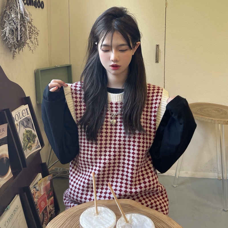 Áo dệt kim sát nách cổ tròn màu sắc tương phản thời trang mùa thu Hàn Quốc cho nữ