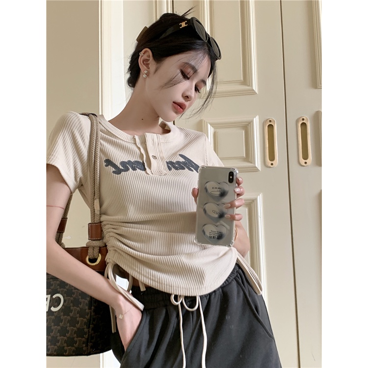 QKOOLE Áo thun  ngắn tay cổ tròn thời trang Hàn Quốc cho nữ