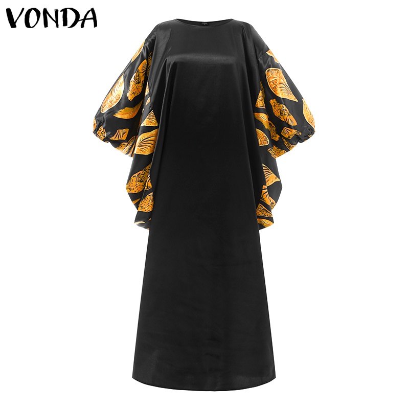 Đầm maxi VONDA tay dài cánh dơi in họa tiết phong cách vintage dành cho nữ