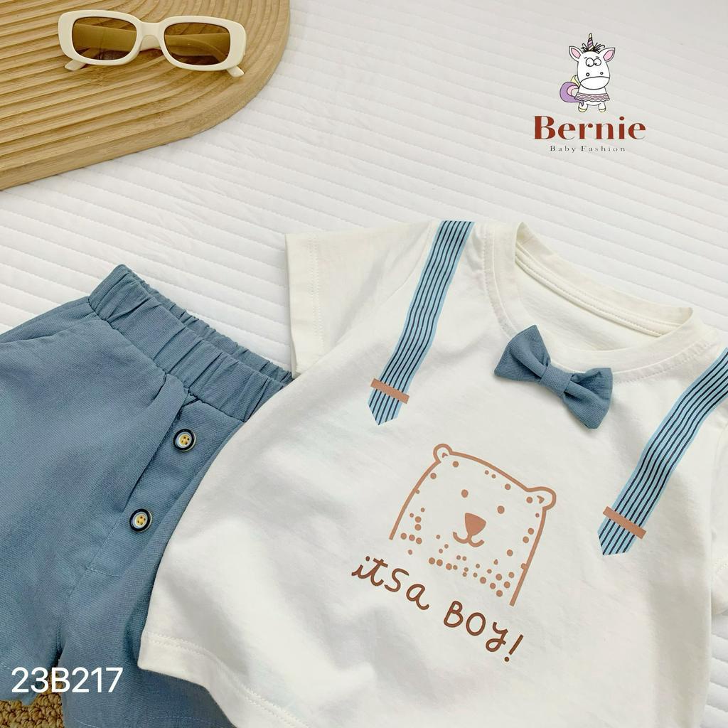 Bộ công tử cộc tay in mèo đính nơ cộc tay Bernie cho bé