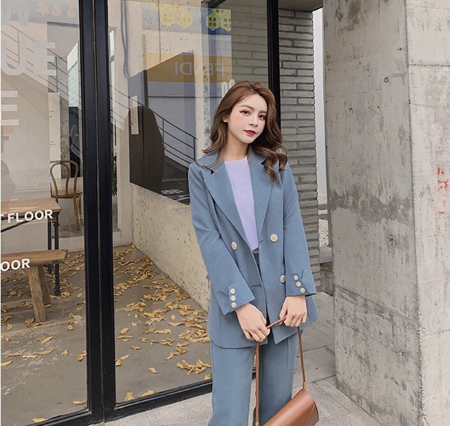 Set áo vest blazer tay gập gấu đính cúc cách điệu + quần âu (có ảnh thật)