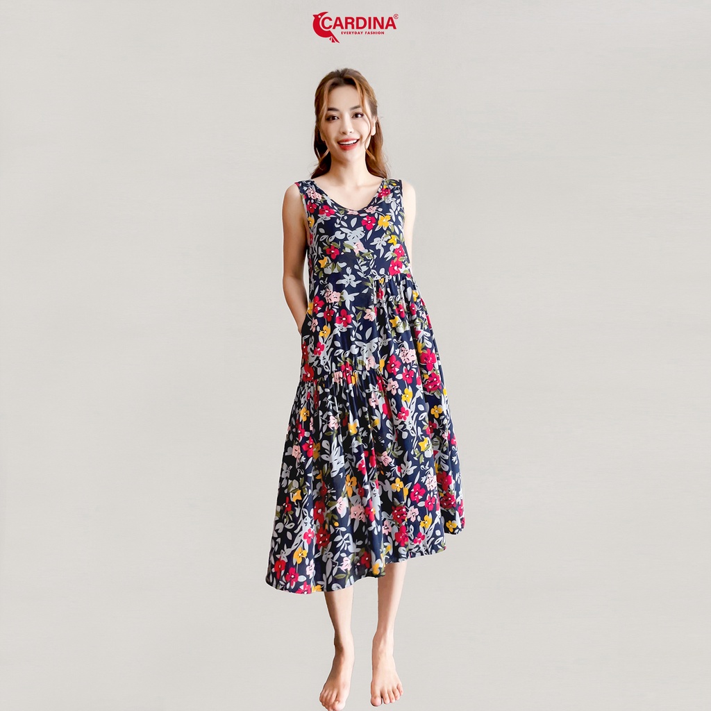 Đầm Nữ 𝐂𝐀𝐑𝐃𝐈𝐍𝐀 Sát Nách Chất Lanh Lụa Cao Cấp Kiểu Dáng Baby Doll Lệch Tầng Họa Tiết Hoa 2VL02