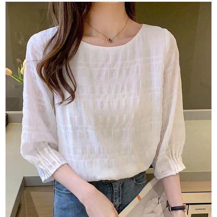 Áo Sơ Mi Chiffon Tay Lửng Cổ Tròn Màu Trơn Thời Trang 2022