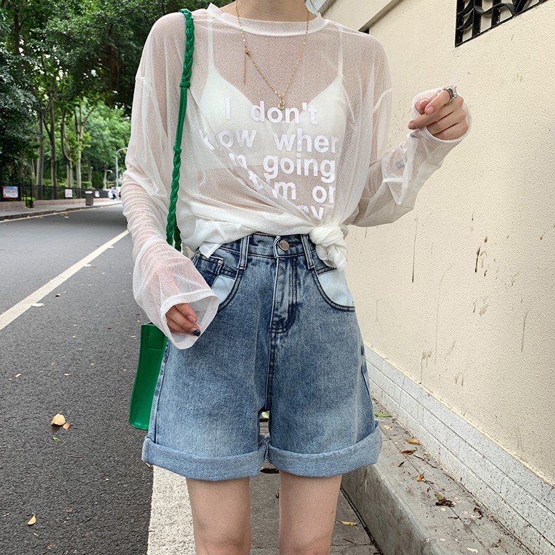 Quần short jean nữ ống rộng rách gấu MSHA3