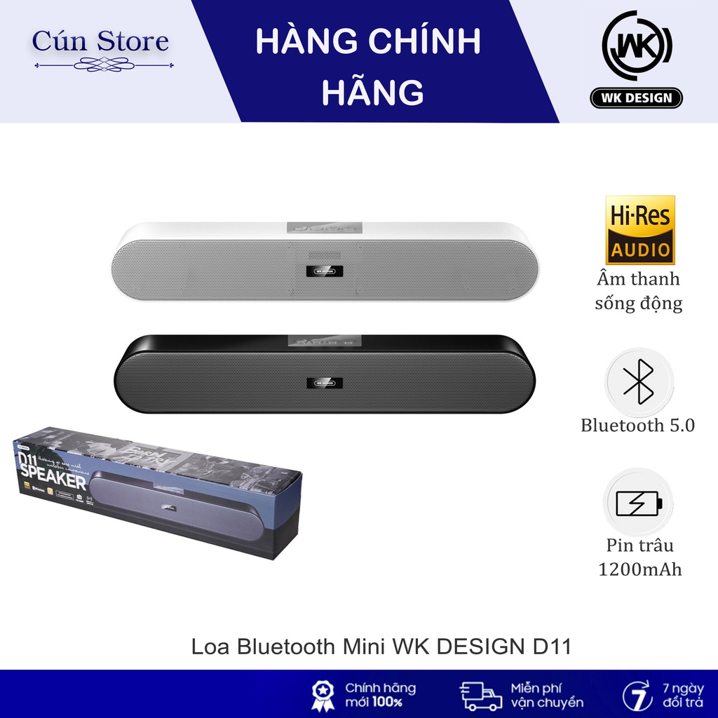 Loa bluetooth mini WK DESIGN D11, Loa thanh mini bluetooth V5.0 hỗ trợ USB thẻ nhớ Jack 3.5 kết nối máy tính | Cún Store