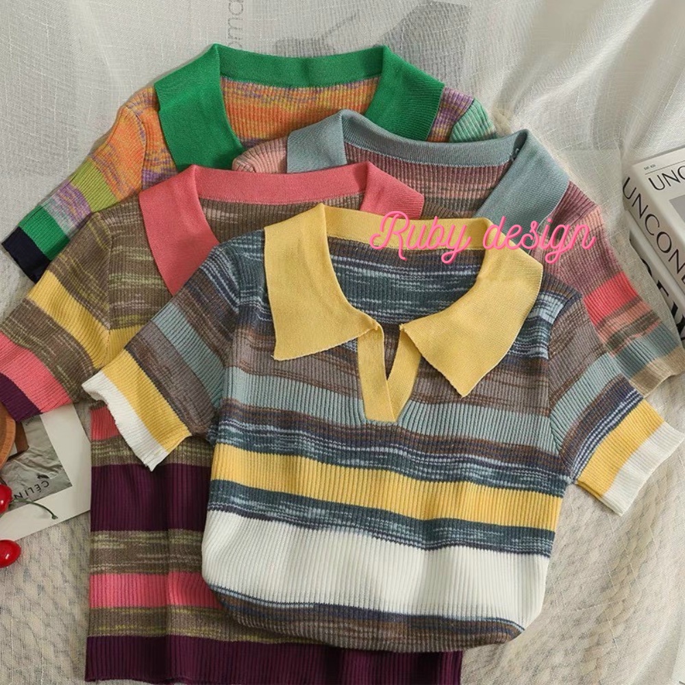 Áo len nữ áo len mongtoghi croptop sọc 7 màu cổ bẻ cao cấp phong cách Hàn quốc trẻ trung năng động cá tính Ruby design