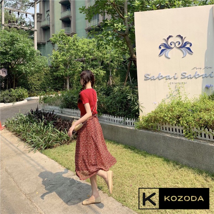 Chân váy hoa nhí vintage 2 lớp dáng dài đen đỏ hồng Kozoda CV24 | BigBuy360 - bigbuy360.vn