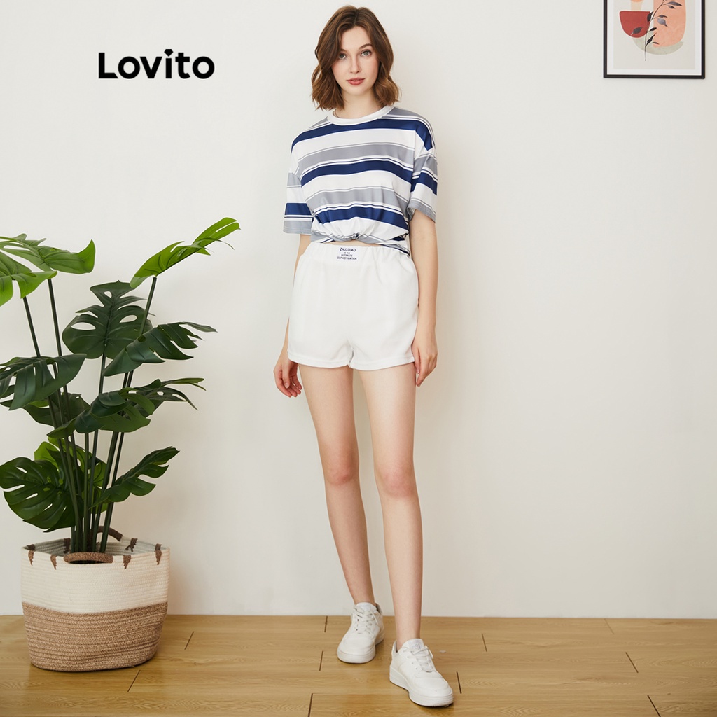 (Hàng có sẵn) Lovito Áo Thun Trơn Cổ Tròn SọC ThườNg L22AD034 (Xanh Và TrắNg)