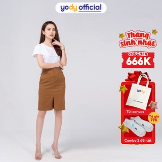 Chân váy dài YODY chất liệu Khaki xẻ công sở mềm mịn co dãn CJN4060