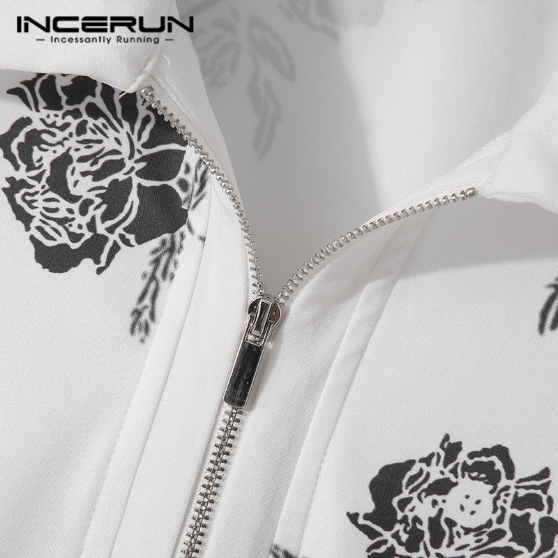 Áo polo INCERUN tay ngắn có khóa kéo in họa tiết thời trang cho nam