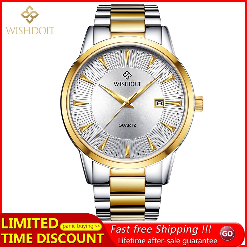 【Official product】WISHDOIT Men's simple casual watch Stainless steel quartz watches Fashion business watch Waterproof swimming Calendar functions Couple watch