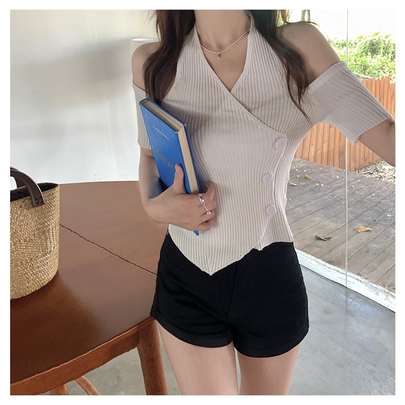 SUXI Áo Croptop Dệt Kim Tay Ngắn Cổ Chữ V Thiết Kế Trễ Vai Thời Trang Mùa Hè Mới Cho Nữ