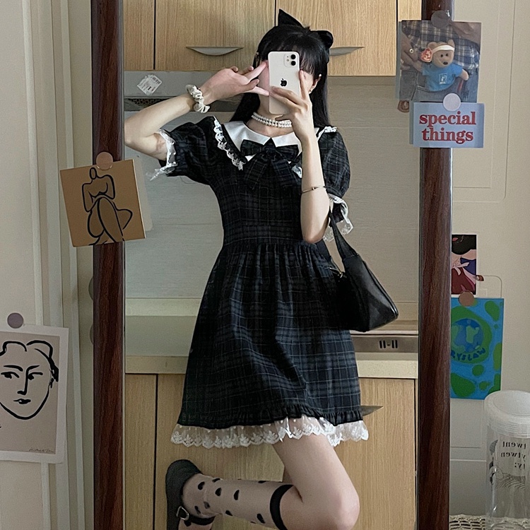 Đầm lolita Perty kẻ sọc caro phối ren thời trang Hàn Quốc cho nữ