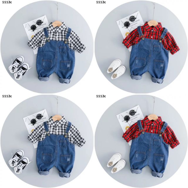 Set đồ bé trai bé gái yếm jean + áo sơ mi