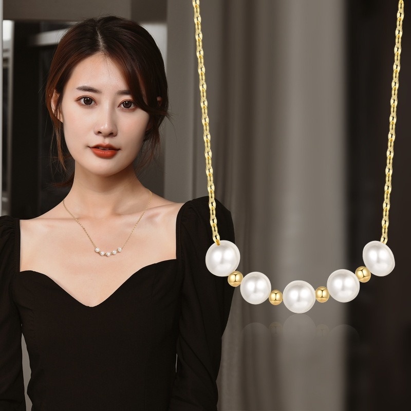Vòng cổ Bằng Thép Titan Đính Ngọc Trai Thời Trang Dễ Phối Đồ