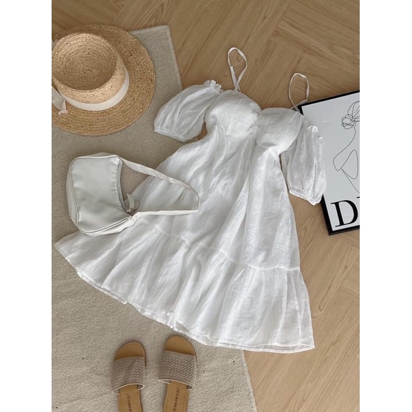 Vây Đầm Nữ Trễ Vai Tay Phồng - Halinh Shop - Váy Voan Đũi 2 Lớp Trễ Vai Chun Lưng Tiểu Thư 3 Màu Đen Trắng Xanh Bơ