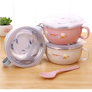 Bát Ăn Dặm BABUU Inox 2 lớp Cách Nhiệt Cho Bé Có Tay Cầm Nắp Đậy Kèm Thìa Muỗng.