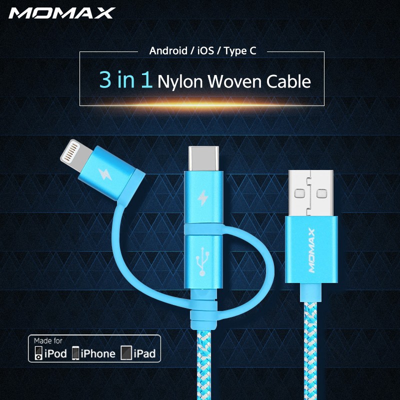 Momax 3 in 1 USB A to Type C Data Lightning USB MFi Cables for iPhone Samsung