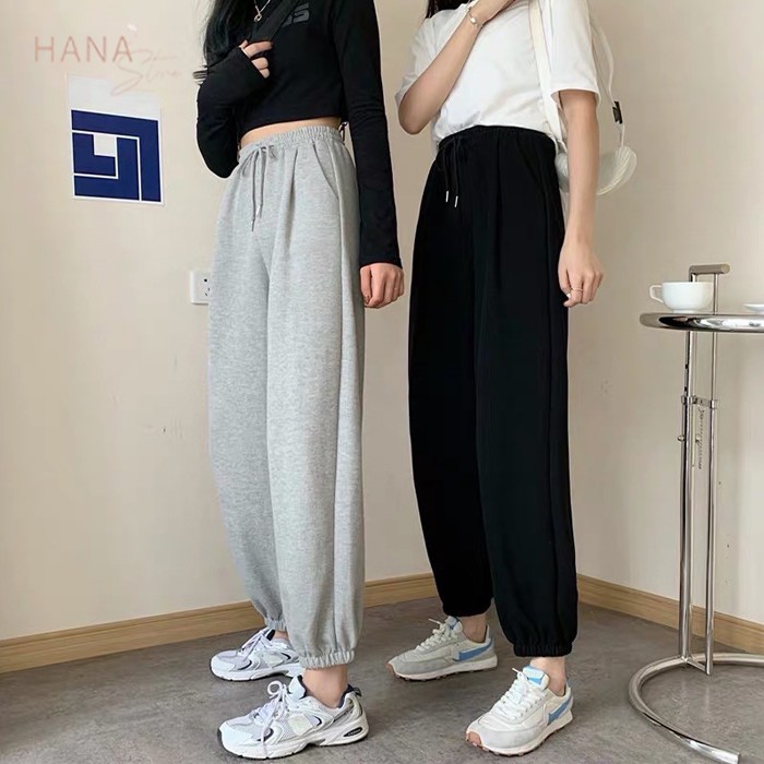 Quần jogger nữ ống rộng bo chun gấu dài ống suông có túi - Quần jogger nữ nỉ dây rút đen thể thao hiphop gym vải da cá