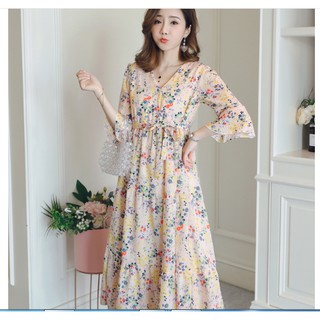 ĐẦM BẦU VÁY BẦU CÔNG SỞ IN HOA 2 MÀU ( sau sanh có nút cho bé bú )